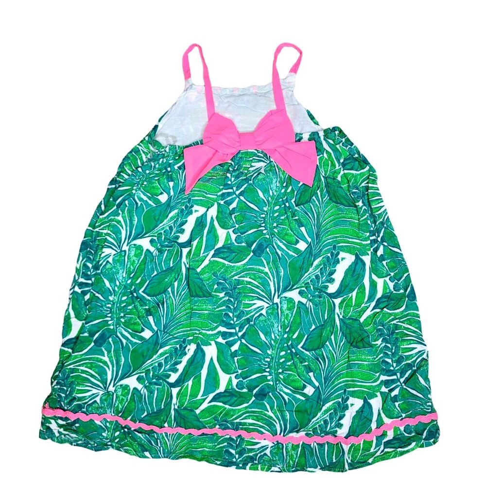 Tommy Bahama Girls' Green tropical palm Leaf Print Dress W/ Pink tassles Size 6
